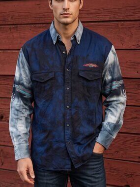 Express Riders Western Shirt Tie Dyed Shacket Rodeo Size Medium Blue Aztec Dyed
